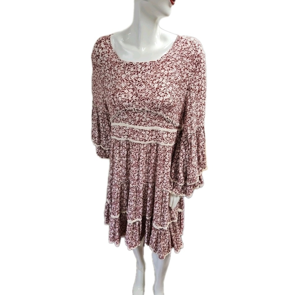 Indigo Soul Dress Tiered Bohemian V-Neck 3/4‎ Sleeve White Blue XL